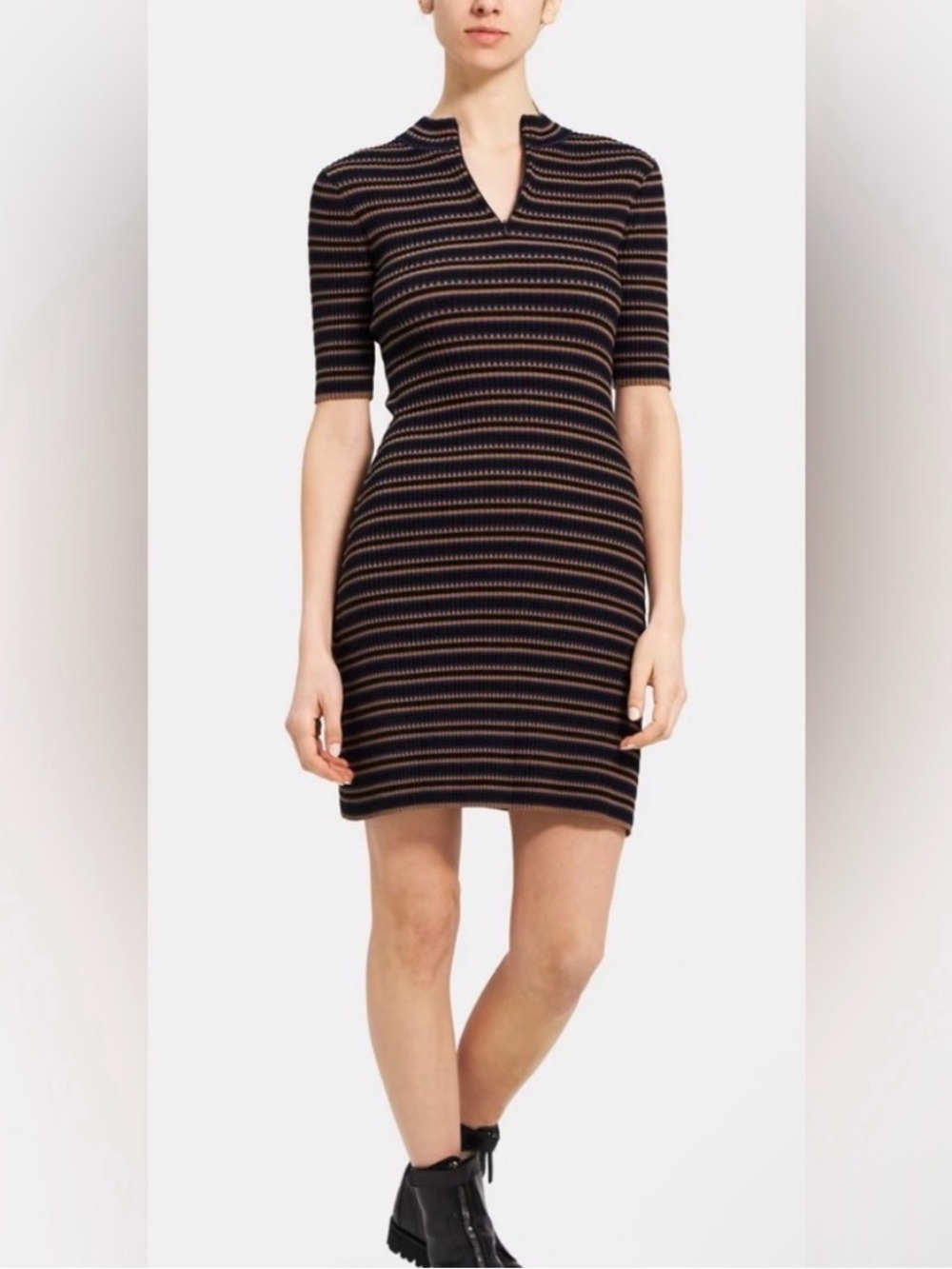 Theory Striped Short-Sleeve Knit Dress in Black, Navy Blue, and Tan